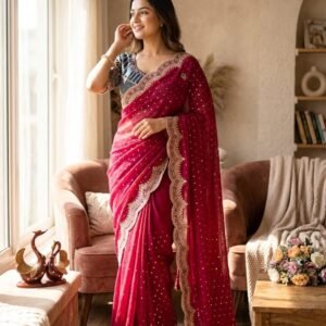 Premium Designer NC Zari Embroidered Sequins Saree with Stitched Blouse-Available 6 Colours