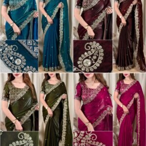 ADITI-Dual Tone Fandy Satin Silk Intricate Sequins Zari Embroidered Saree-Available 4 Colours