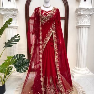 Designer Pure Georgette Intricate Thread Sequins Detailing Saree with Net Dupatta