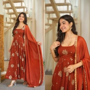 Crush Silk Embroidered Sequins work Anarkali Gown Set