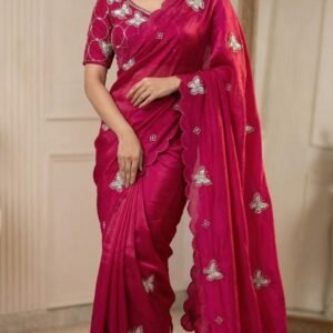 Dnaari Designer Pure Soft Satin Chiffon Saree with Zarkhan and Moti work