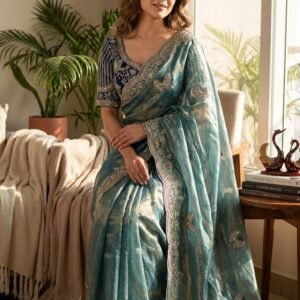 Designer Soft Fandy Satin Zari Embroidered Sequins Saree - AVAILABLE 6 COLOURS