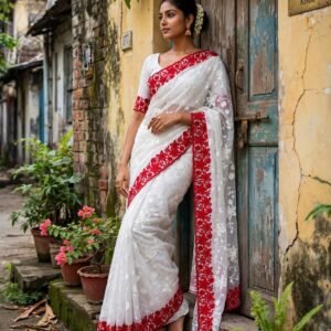 Durga Pooja Special- Soft Georgette Saree with Red & White Thread Embroidered