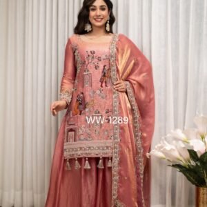Designer Pure Fandy Silk Embroidered Sequins Coding work Kurti Palazzo & Dupatta