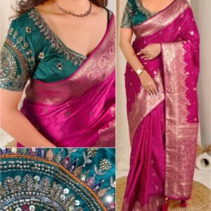 Designer Banarasi Satin Silk Saree with Zari weaving & Beads handwork-AVAILABLE 2 COLOURS