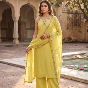 Pure Mal Chanderi Kurti Pant & Dupatta with Embroidered work