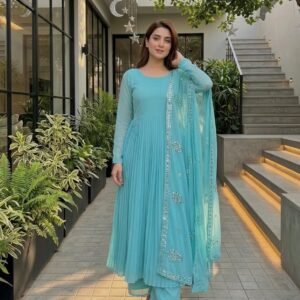 Georgette Embroidered Sequins Sky Blue Anarkali Suit