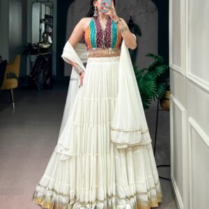 NAVRATRI SPECIAL-Rayon Bandhani Printed Lehanga with Mirror & Kodi work Top Dupatta