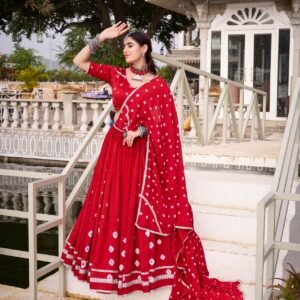 Red Bandhej Printed Chanderi  Lehanga Choli Dupatta