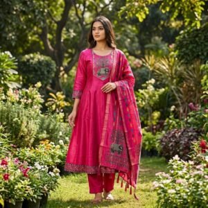 Premium Roman Silk Kurti set with Coding Embroidered-Available 6 Colours