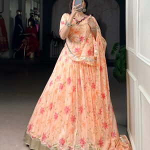 Tabby Silk Floral Printed Lehanga Choli & Dupatta with Gota Lace - Available 4 colours
