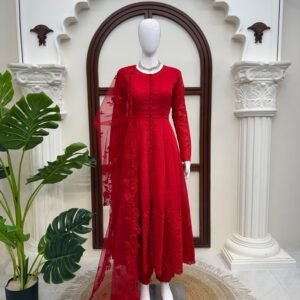Heavy Vichitra Silk Thread Sequins work Red Long Kurti Set