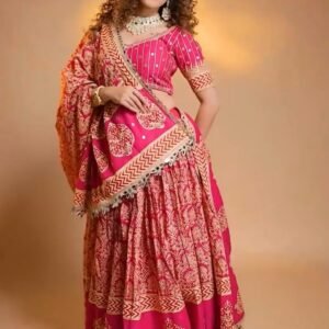 Navratri Collection-Printed Rayon Lehanga Choli & Dupatta with Real Mirror work