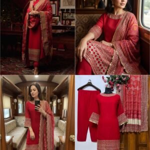 KarwaChauth Special Premium Georgette Printed Sequins Embroidered Straight Kurta Set