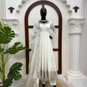 Pure Vichitra Silk Ivory Anarkali Net Gown Set Thread Sequins Embroidered