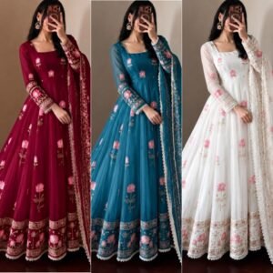 Fandy Silk Sequins Embroidered Anarkali Gown with Bottom & Dupatta - Available 3 Colours