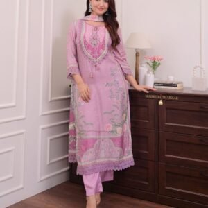 Premium Muslin Lilac Printed Straight Suit with Embroidered Handwork