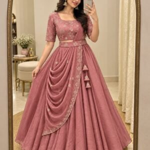 Premium Crunchy Silk Embroidered Sequins Lehanga Top & Dupatta with Kamar belt-PEACH