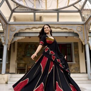Navratri Collection - Rayon Ajrakh Printed Designer Lehanga Choli with Gottapatti & Mirror work