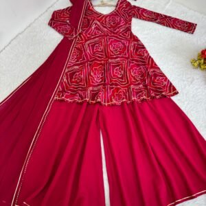 Pure Viscose Bandhej Printed Kediya Style Kurti & Palazzo Set