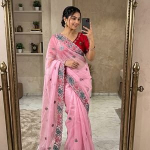 Pure Fandy Satin Silk Thread Embroidered Buttis Saree-Available 2 Colours
