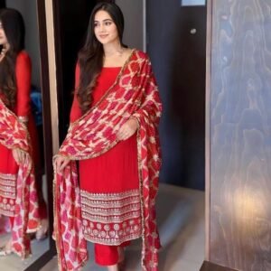 Karwachauth Special- Exclusive Premium Roman Silk Straight Kurti 3 Piece Set with Sequins & Embroidered