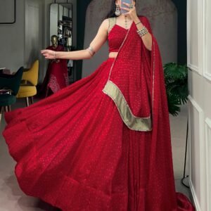 Pure Satin Chiffon Bandhej Printed Lehanga Choli & Dupatta with Zari Weaving & Mirror Handwork