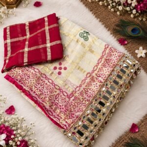 Festive Special-Viscose Checks Saree with Mirror Handwork
