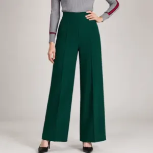 Trendy Retro Women Trousers – Solid Cotton Blend Pants ( green, L )