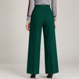 Trendy Retro Women Trousers – Solid Cotton Blend Pants ( green, XS )