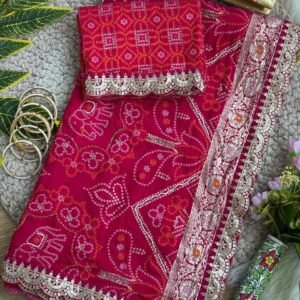Premium Viscose Georgette Bandhani Printed Saree with Moti Handwork -Available 3 Colour