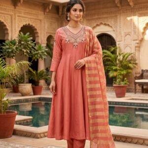 Pure Mal Chanderi Anarkali Set with Beads Embroidered -Rusty Orange
