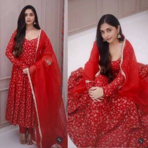Karwachauth Special-Georgette Cherry Red Anarkali Gown With Heavy Sequins Embroidered