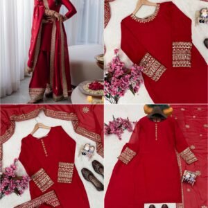 Karwachauth Special-Premium Rangoli Silk Red Kurti Palazzo Set with Zari Sequins Embroidered