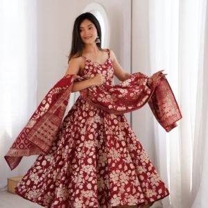 Fancy Banarasi Jacquard Dola Silk Sleeveless Anarkali Gown Set-Available 2 Colours