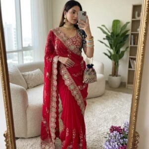 Fandy Satin Heavy Embroidered Sequins Lehariya work Saree -Available 5 Colours