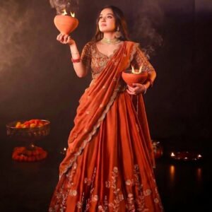 Rangoli Silk Thread Sequins Embroidered Lehanga Choli & Dupatta - Rusty Copper