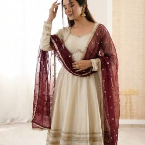 Cosmos Gold Designer Anarkali Gown 3 Piece Set with Heavy Sequins Embroidered-Available 2 Colours