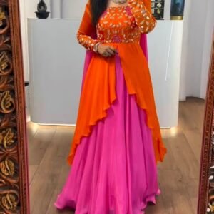 Pure Georgette Dual Colour Gown Set with Thread Embroidery & Sequins work