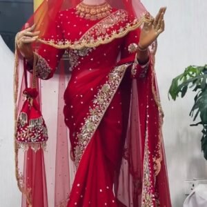 Premium Rangoli Silk Intricate Sequins Embroidered Red Saree with Net Dupatta