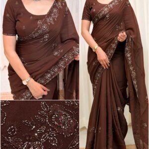Mul Chiffon Saree with Exquisite Beads Embroidered work-Brown