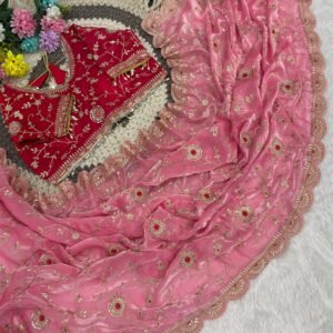Pure Fandy Satin Silk Embroidered Moti work Saree with Stitched Blouse -Available 4 Colours
